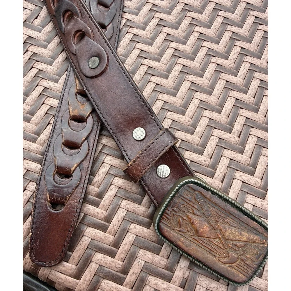 Leather Hand Tooled Woven Brown Belt Carpenter Buckle Hammer Saw Mexico Size 40